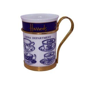 Vintage Harrods Fine Bone China Department Mug Blue Teacup Brass Holder